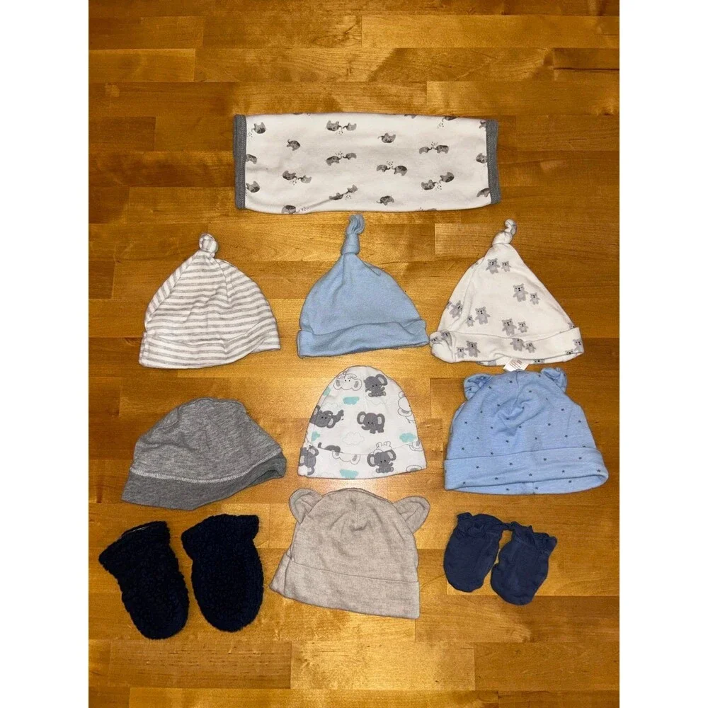Baby boy accessory lot hats, mittens, and burp cloth like new